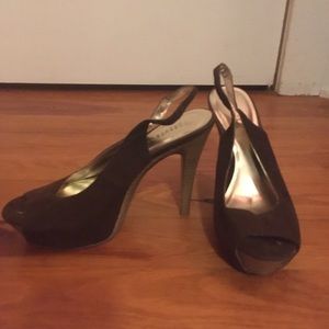 Brown faux suede peep toe heels